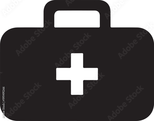 Clean vector silhouette of a first aid kit with a prominent medical cross, ideal for emergency healthcare, safety, and treatment design needs
