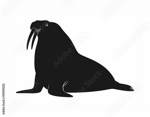 Black Walrus Silhouette Side View with Long Tusks Isolated on White Background