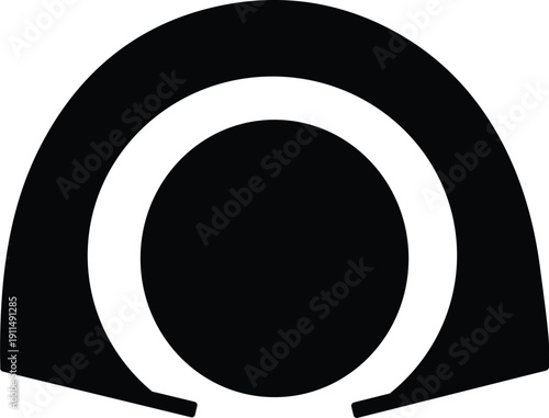 Abstract minimalist circular geometric shape graphic symbol logo design with an outer arch and inner circle in black and white