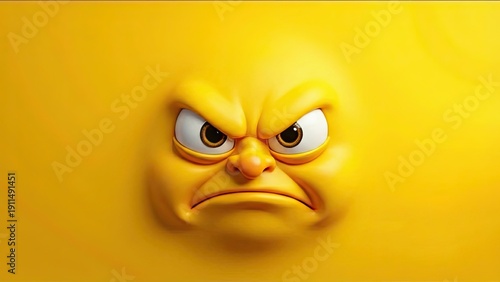Intense Anger: A vividly rendered yellow face exudes pure anger, with furrowed brow, and piercing glare, dominating the entire frame, symbolizing frustration and rage.