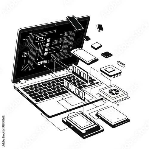 Laptop Exploded View Vector Illustration, Black and White, Open Screen and Keyboard with Simplified Internal Hardware Layout
