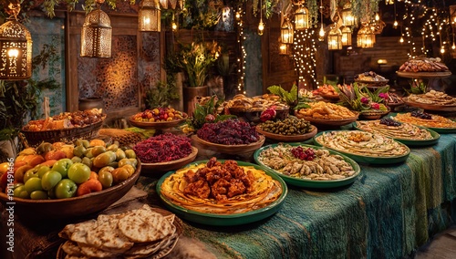 Abundant Ramadan Iftar feast spread with diverse dishes and festive lighting buffet food
