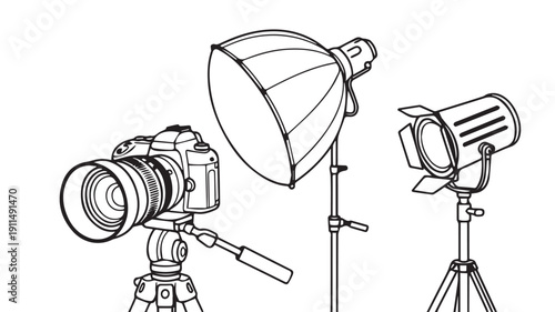 Professional photo studio lighting and camera gear outline for creative projects