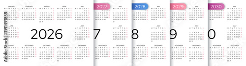 Calendar for 2026, 2027, 2028, 2029, 2030 years. Calender templates. Week starts Monday. Desk planer grids. Planner layout with 12 months. Yearly diary in English. Vector illustration. Paper size A4