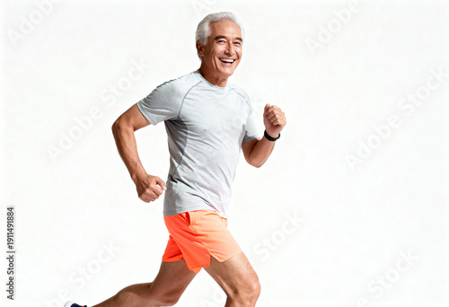 Active senior man running with fitness tracker on white background
