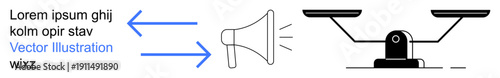 Justice, communication, decision-making, fairness, sound, directionality. Illustration features a balance scale, megaphone and arrows pointing towards the scale. Justice and communication concept