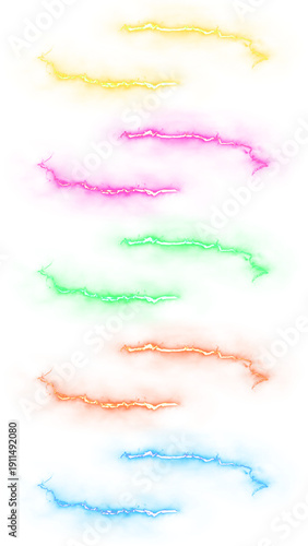 Multiple sets of colorful, textured glowing lines arranged vertically on a light gray background.