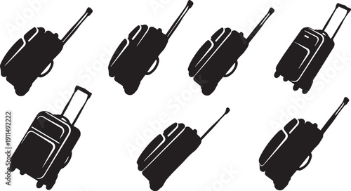 Collection of black luggage silhouettes on white background
