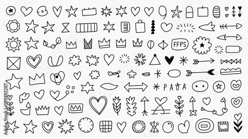 A collection of hand drawn black and white doodle icons featuring stars hearts crowns arrows and various decorative elements high quality professional detailed modern elegant stylish