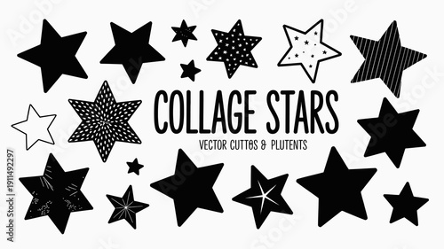 A collection of black and white stars in varying designs and patterns are displayed accompanied by the text collage stars high quality professional detailed modern elegant