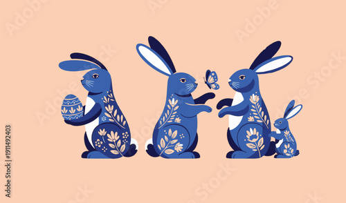 Easter sunday blue rabbits celebrating with eggs and chocolate