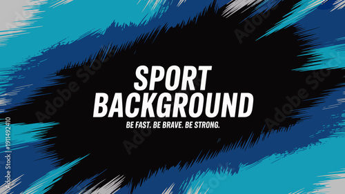 An abstract background in shades of blue prominently displays the word sport in bold white lettering with additional motivational text high quality professional detailed modern elegant