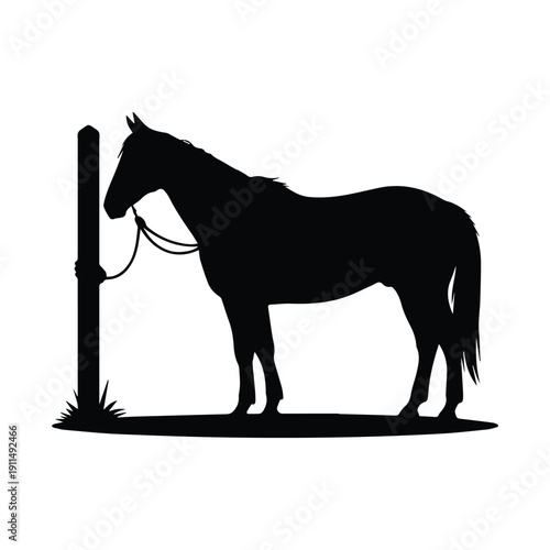 Horse tied to wooden post silhouette