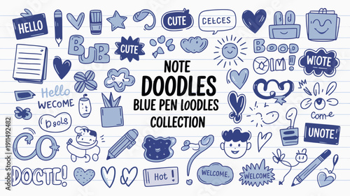 A colorful collection of hand drawn doodles includes hearts stars speech bubbles stationery and playful lettering on lined paper high quality professional detailed modern elegant stylish