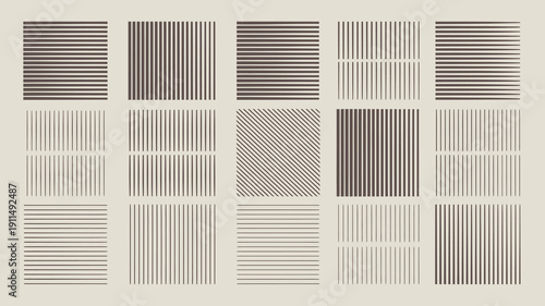 A grid of sixteen squares displays varying densities of parallel black lines on a neutral beige background creating a visual pattern high quality professional detailed modern