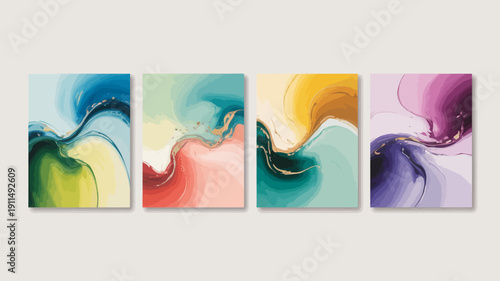 A set of four abstract wall art panels showcase swirling fluid colors blue green yellow and purple with gold accents high quality professional detailed modern elegant