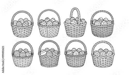 Easter sunday baskets filled with eggs and treats for kids on easter morning