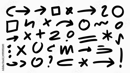 A collection of hand drawn mathematical and symbolic characters including arrows numbers and various symbols are scattered across a white background high quality professional detailed modern
