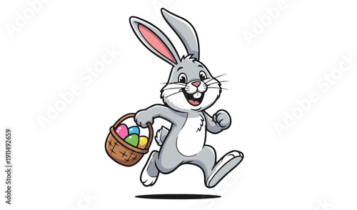 Easter sunday cartoon bunny holding colorful egg basket