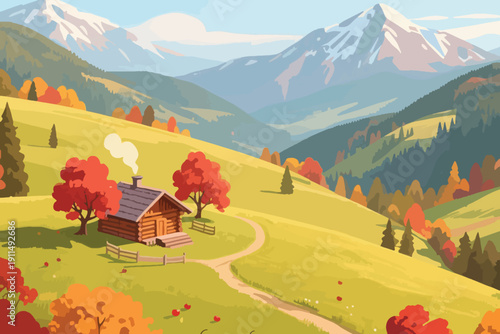 Autumn landscape with wooden cabin, smoke chimney, red-orange trees, winding dirt path, snowy mountains, and clear blue sky.