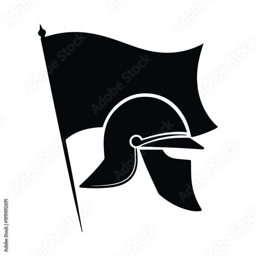 Vintage black flag with ancient helmet symbolizing courage and strength