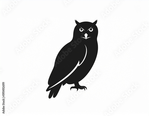 Black Owl Silhouette Front View with Intense Gaze Isolated on White Background