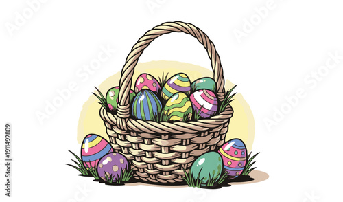 Easter sunday celebration with colorful eggs in a woven basket