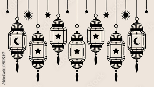 A decorative arrangement of hanging lanterns showcases a repeating pattern of star and crescent moon motifs evoking a festive atmosphere high quality professional detailed modern elegant