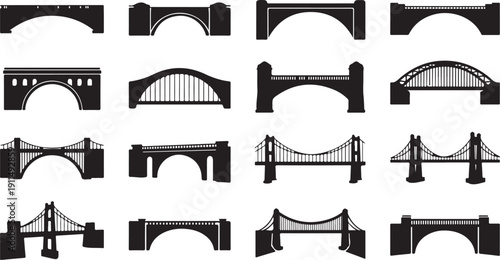 Various bridge silhouettes in black and white colors collection