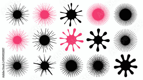 A repeating pattern displays abstract floral or starburst shapes in alternating black and bright pink color schemes on a white background high quality professional detailed modern