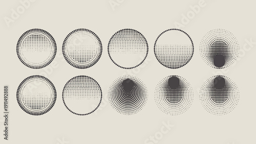 A series of nine circular designs are displayed each utilizing halftone patterns and varying densities to create a gradient effect high quality professional detailed modern elegant
