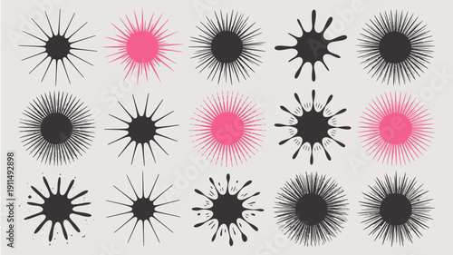 An arrangement of radially symmetrical starburst shapes alternates between vibrant pink and dark black designs on a pale gray background high quality professional detailed modern elegant