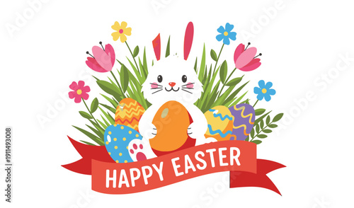 Happy easter sunday celebration with colorful eggs and flowers