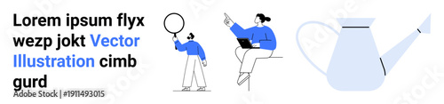 Two people interacting, one holding a magnifying glass, another pointing while seated with a laptop. Watering can symbolizes growth. Ideal for teamwork, exploration, growth, productivity, technology