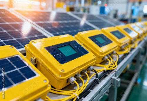 Modern solar panel monitoring devices in a professional industrial setting with yellow boxes