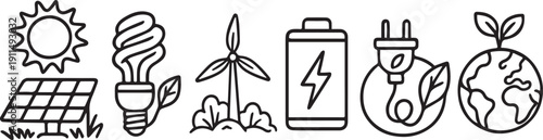 Eco-lifestyle and Green energy vector icon set: solar panel, tree plant, turbine, bulb and green energy vector icon bundle.