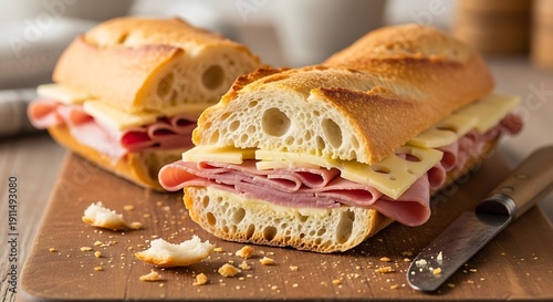 Delicious ham and cheese sandwich cut in half on a wooden board