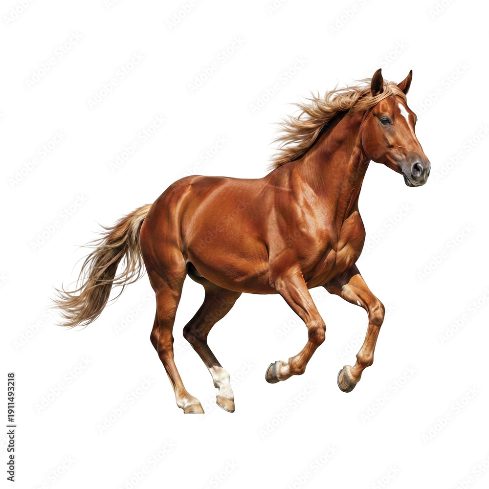 Obraz premium A brown horse running galloping freely in an open field isolated on transparent background