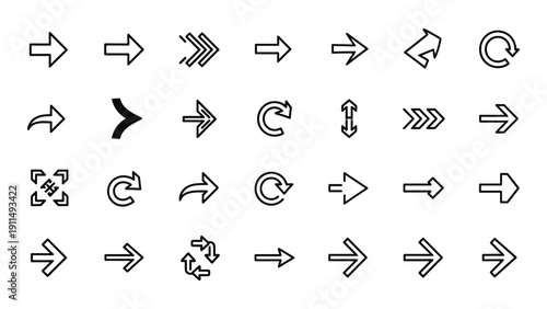 Diverse set of directional and circular arrow icons in black and white Vector