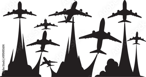 Airplanes Flying in Formation Against White Sky Background Silhouette
