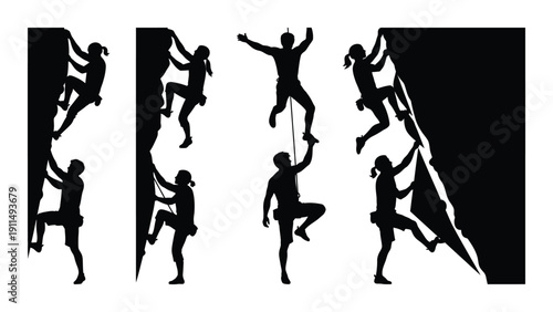 Silhouette of people climbing a rock face with varying degrees of difficulty Vector