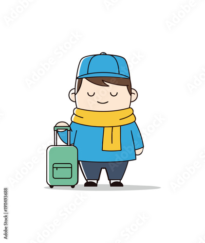 Cartoon traveler with luggage smiling ready to depart