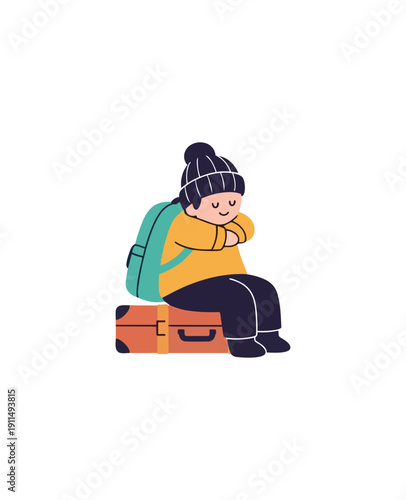 Person sitting on suitcase waiting cartoon illustration