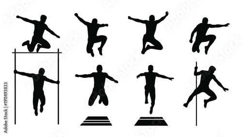 Diverse athletes performing various types of jumps and leaps in a silhouette style. Vector