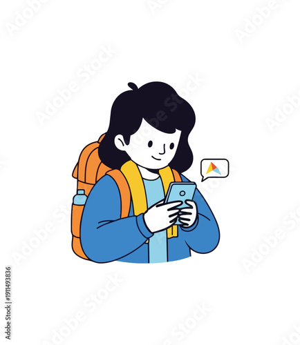 Person with backpack using smartphone with message bubble