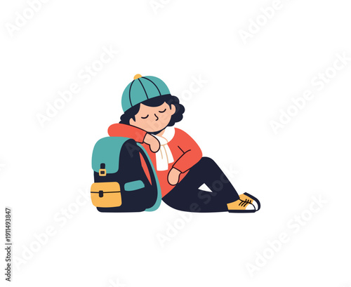 Resting figure with backpack on black background