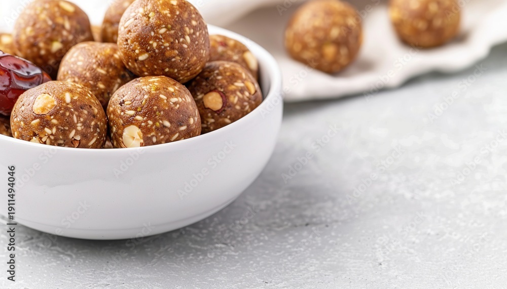 Fototapeta premium Homemade date and nut energy balls with sesame seeds served in white bowl on light background.