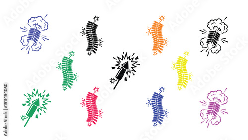 Fireworks vector illustration with explosive patterns on white background