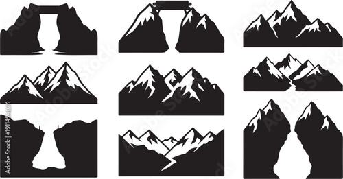 Mountain Range Silhouettes in Black and White Vector Graphics