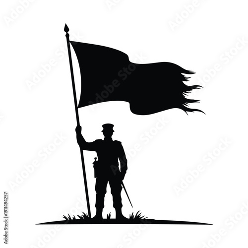 Soldier holding flag in confident stance with sword